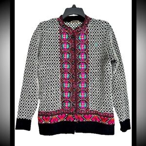 RAGE Women's Nordic-Style Acrowool Black Pink Patterned Cardigan Sweater Sz XL